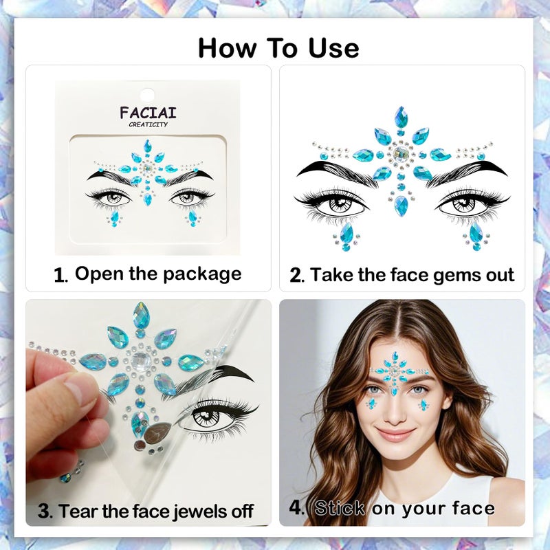 Allruyee 12 Sets Face Jewels Face Gems Mermaid Glitter Rhinestone Crystal Stickers Waterproof Eyes Face Temporary Tattoos for Party,Rave Festival,Carnival,Holiday Costumes,Rave Accessories,Makeup - Image 2